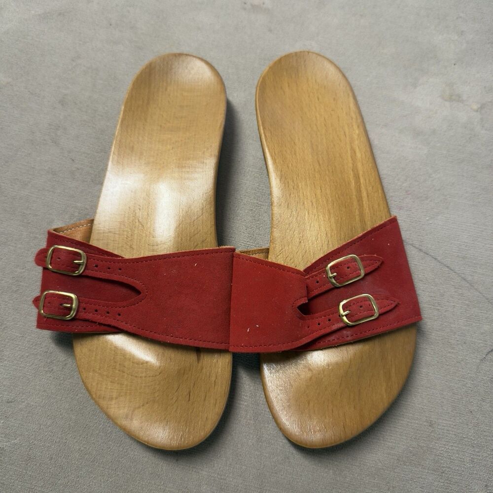 Vtg Dr Scholl Wooden Exercise Sandal Clog Suede Leather Red Women 5 NWOB